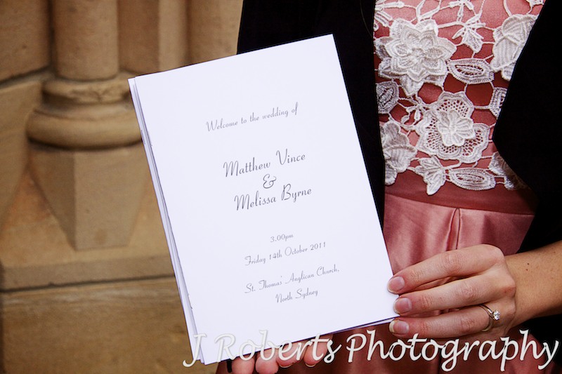 Order of service for wedding ceremony at St Thomas' NOrth Sydney - wedding photography sydney